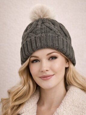 Crown Cap Cable Knit Fur Pom Beanie Hat Gray Nathaniel Cole